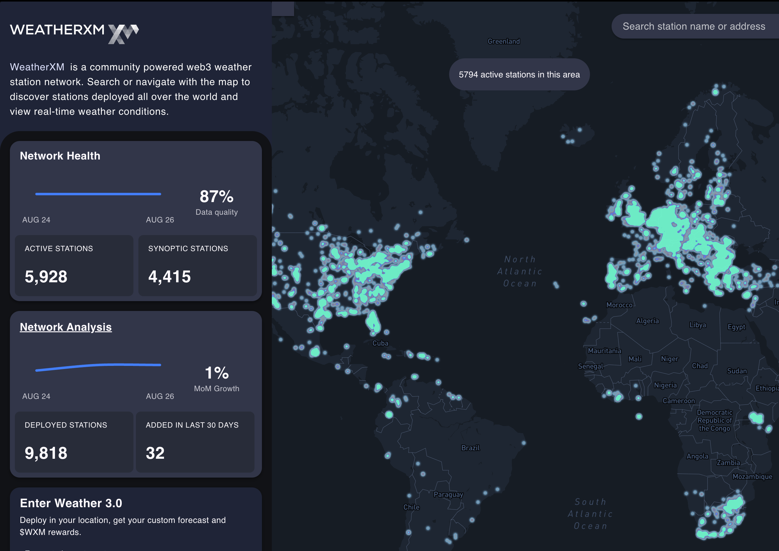 WeatherXM Public Network Explorer Map Interface